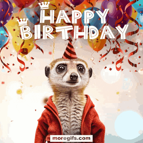 meerkat wearing a party hat and a red jacket with the words happy birthday