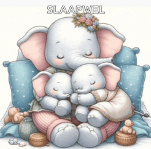 a couple of elephants sitting next to each other with the word slaapwel written above them