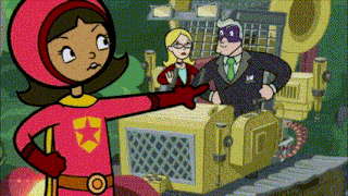 a cartoon of a girl in a red superhero costume pointing at a man in a mask