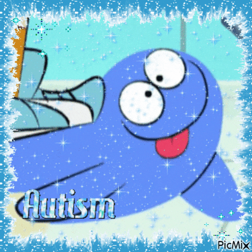 a picture of a blue cartoon character with the word autism in the corner
