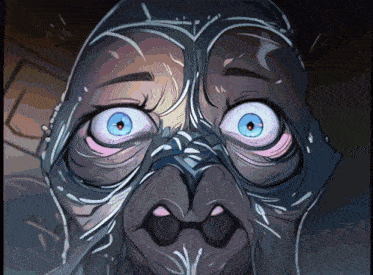 a close up of a cartoon character 's face with big blue eyes