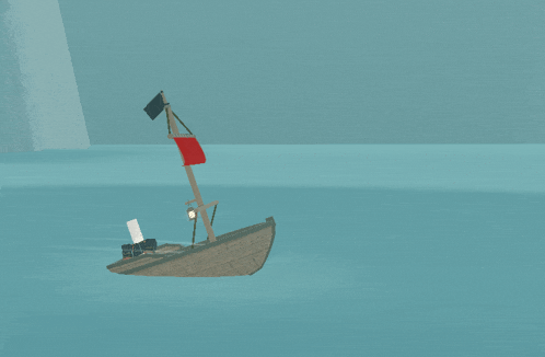 a small boat with a red flag on the mast is floating in the water