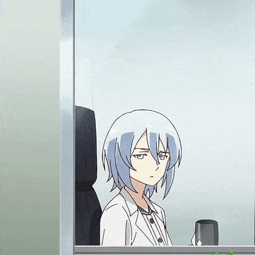 a drawing of a girl with blue hair drinking from a black mug