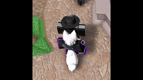 a person in a black hat is standing next to a white wolf
