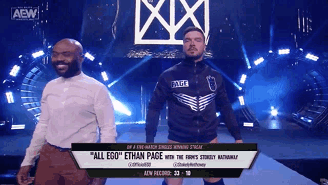 two wrestlers are on a aew show and one has the word page on his jacket