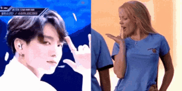 a man and a woman are standing next to each other and the man is pointing at the woman