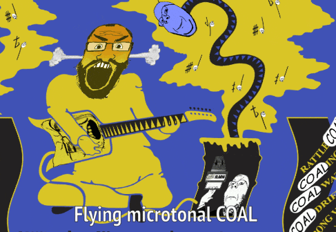 a cartoon of a man playing a guitar with the words " flying microtonal coal " on the bottom