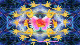 a kaleidoscope of yellow hands with a pink flower in the middle