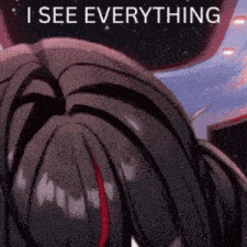 a close up of a person 's head with the words " i see everything " above it