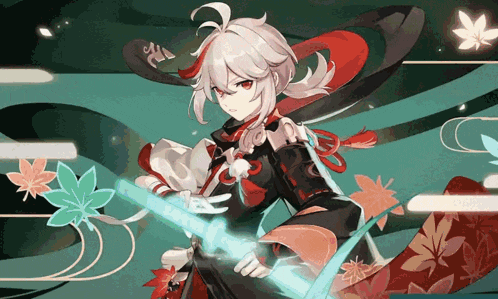 a girl with white hair and red eyes is holding a sword in her hands .