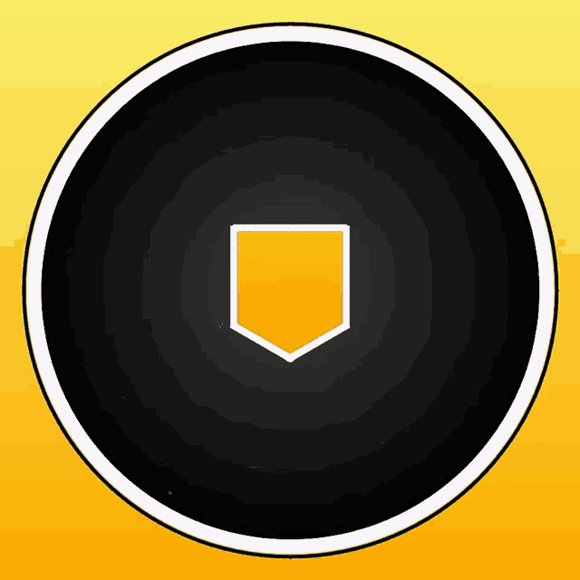a black circle with a white border and a yellow triangle in the center
