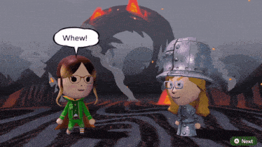 a cartoon character says whew in a speech bubble next to another character