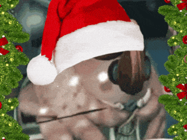a pug wearing a santa hat and headphones with a christmas tree in the background