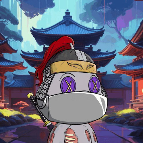 a cartoon character wearing a mask and holding a sword in front of a building