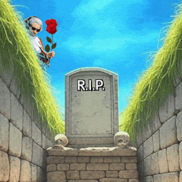 a man is holding a rose in front of a tombstone that says r.i.p.