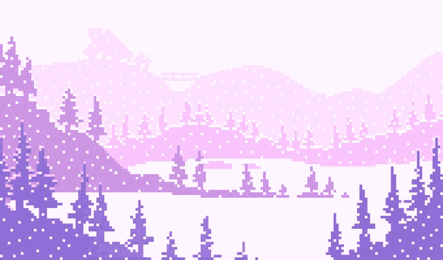 a pixel art of a landscape with purple trees and mountains
