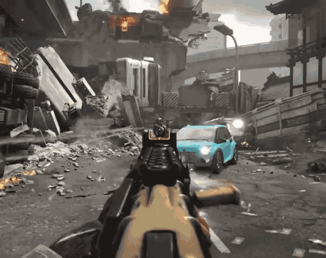 a video game scene with a blue car in the background