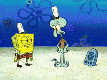spongebob and squidward from spongebob squarepants are standing next to a gravestone that says rip