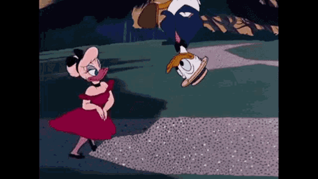 a cartoon of donald duck and daisy duck dancing in a park .