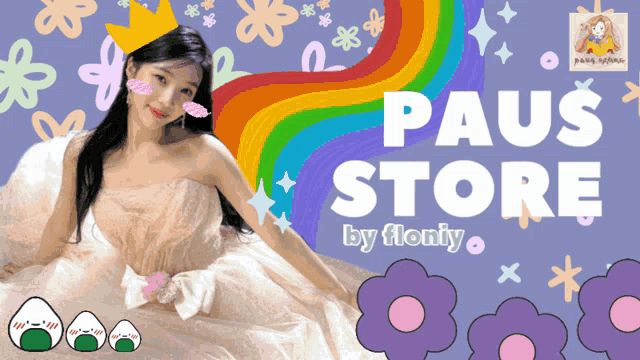 a girl in a white dress is sitting in front of a rainbow and the words paus store by flomy