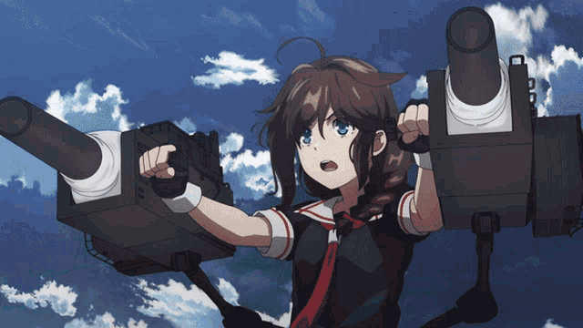 a girl in a sailor suit is holding a cannon