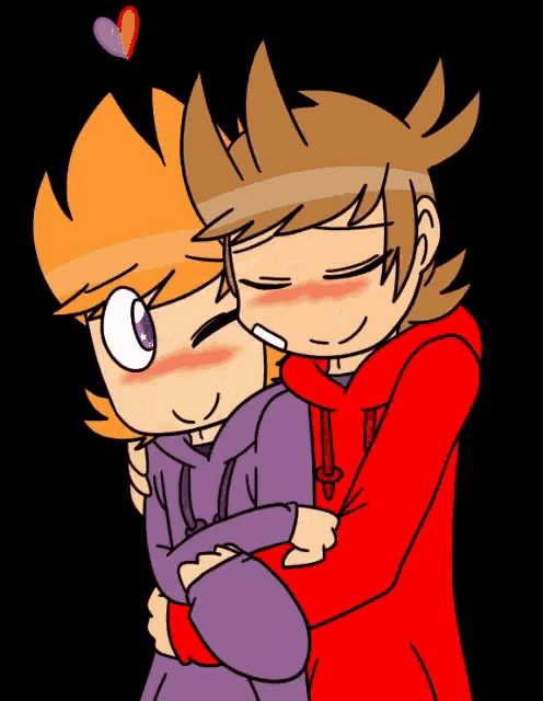 two cartoon characters are hugging each other with a heart in the background