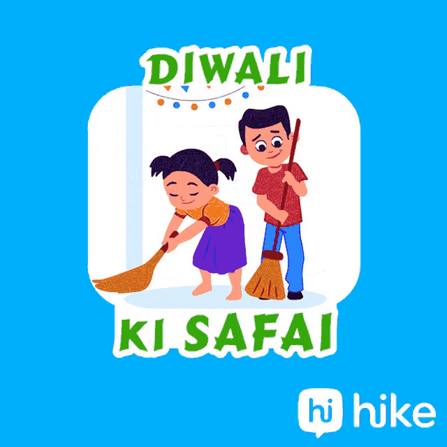 a boy and a girl are sweeping with the words diwali ki safai