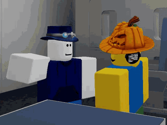 two roblox characters one wearing a pumpkin hat and the other wearing a together home shirt