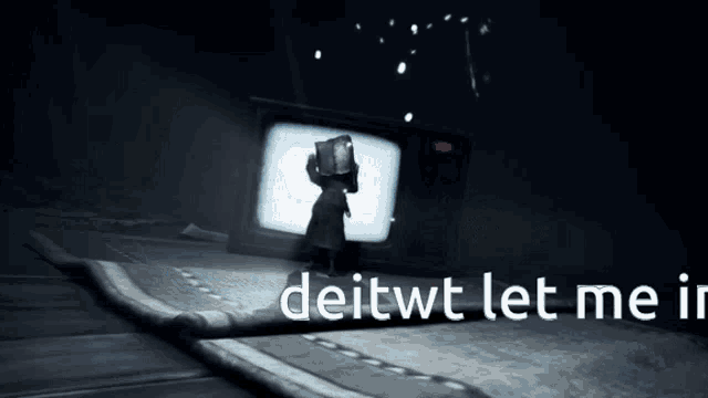 a video game scene with the words deitwt let me in at the top