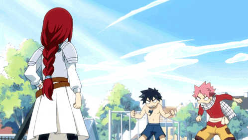 a girl with red hair is standing in front of a group of kids