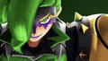 a cartoon character with green hair and purple eyes is wearing a green jacket and a purple mask .