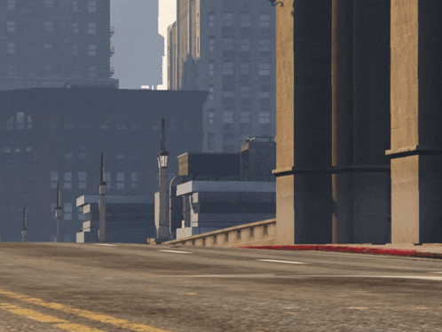 an empty city street with tall buildings in the distance