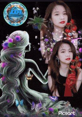 a picture of a woman with flowers in her hair has the word picsart on the bottom