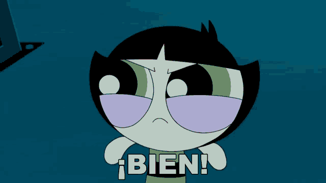 a cartoon character with the word bien in white letters