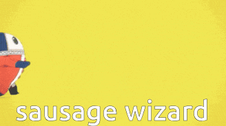 a yellow background with the words sausage wizard written in white