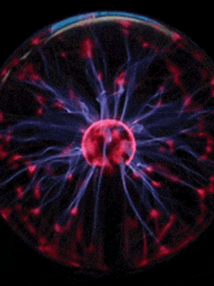 a close up of a plasma ball with red and blue lightning