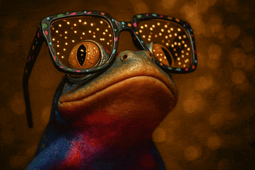 a colorful frog wearing a pair of glasses with a reflection of a starry sky