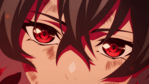 a close up of a person 's face with red eyes and black hair