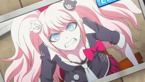 a girl with pink hair and a teddy bear on her head is looking at the camera