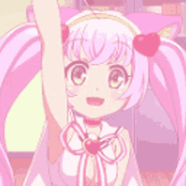a girl with pink hair and green eyes is wearing a white dress and a choker .