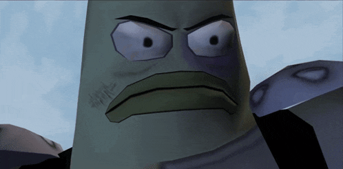 a close up of a cartoon character 's face with an angry look on his face