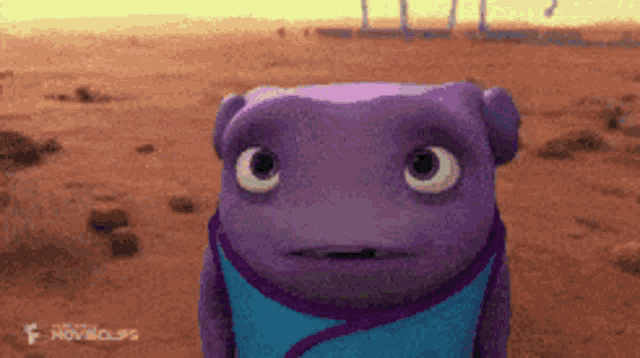 a purple cartoon character from the movie home is standing in the dirt