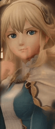 a girl with blonde hair and blue eyes is wearing a blue and white outfit