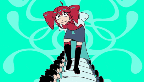 a cartoon of a girl with red hair standing next to a row of men