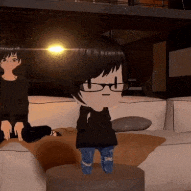 a cartoon character with glasses standing on a table