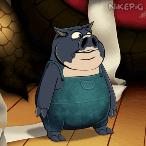 a cartoon pig wearing blue overalls stands next to a roll of toilet paper with nikepig written on it