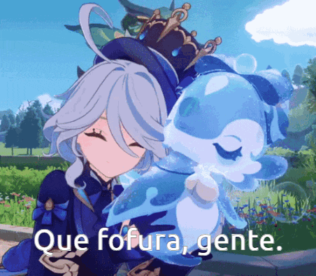 a girl is hugging a blue animal with the words que fofura gente written below her