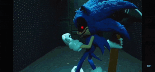 a sonic the hedgehog is standing in front of a blue light with red circles around him .