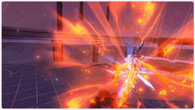 a computer generated image of a person holding a sword and shield in a room with fire coming out of it .