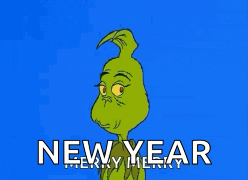 a cartoon of grinch saying merry new year on a blue background